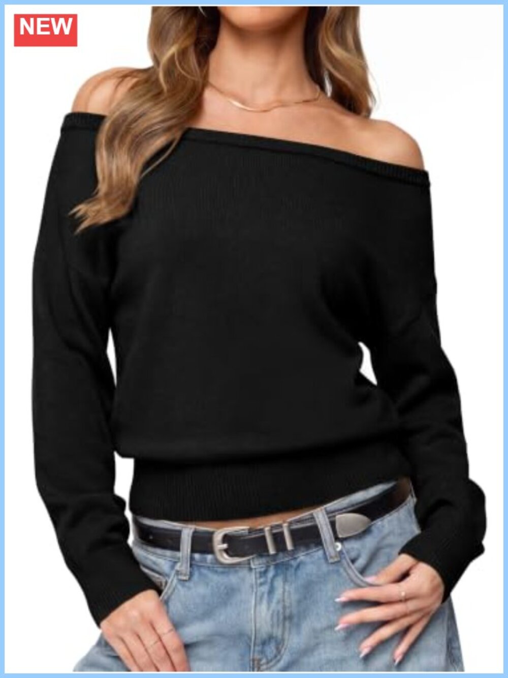 Womens Off The Shoulder Sweater Long Sleeve Knit Pullover Slim Fit